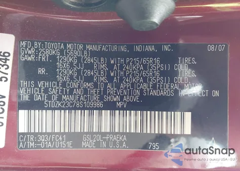 2008 Toyota Sienna Le z USA, uszkodzony, nr VIN 5TDZK23C78S109986